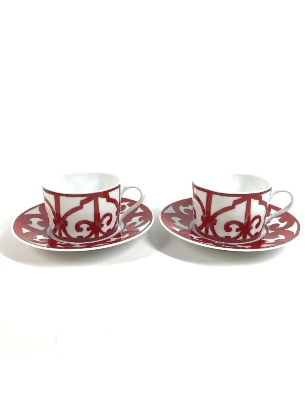 Hermes Teacup Cup & Saucer Set of 2 Pair Pottery White X Red